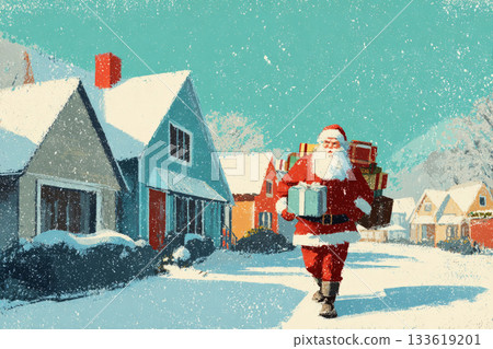 Santa Claus stands in a snowy neighborhood, dressed in his classic red suit while carrying colorful gifts 133619201
