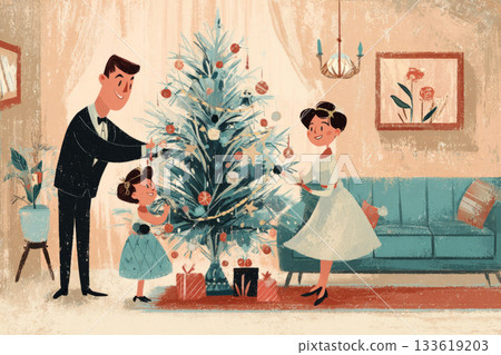 A family is happily decorating a Christmas tree in their cozy 50s living room. Colorful ornaments and presents create a festive atmosphere filled with joy and togetherness A family is happily decorating a Christmas tree in their cozy 50s living room. Colorful ornaments and presents create a festive atmosphere filled with joy and togetherness 133619203