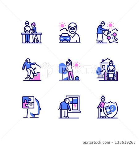 Senior people - modern line design style icons set Senior people - modern line design style icons set 133619265