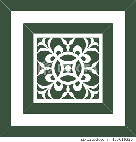 White ornamental floral pattern, reminiscent of Celtic or Islamic art of dark green background. Vintage ornamental decorative element. Template for design of retro frames, borders, labels, tile, plate 133619326