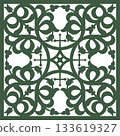 White floral pattern reminiscent of Celtic or Islamic art on a dark green background. A vintage decorative element. A template for designing retro frames, borders, labels, tiles, plates, and ceramics 133619327
