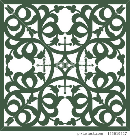 White floral pattern reminiscent of Celtic or Islamic art on a dark green background. A vintage decorative element. A template for designing retro frames, borders, labels, tiles, plates, and ceramics 133619327