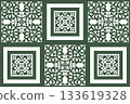 Set of ornamental borders. Collection of vintage rnamental borders for design. Repeating pattern featuring ornate, white, stylized floral/foliage motifs. For border, label, tile, ceramic. Azulejo Tile 133619328