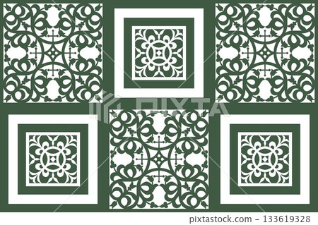 Set of ornamental borders. Collection of vintage rnamental borders for design. Repeating pattern featuring ornate, white, stylized floral/foliage motifs. For border, label, tile, ceramic. Azulejo Tile 133619328