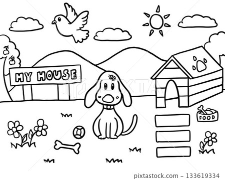 Hand drawn vector outlines of scenery background with puppy, dog house, pet food, bone, ball, bird, mountain, MY HOUSE wood sign, mountain, green grass, sun cloud, blue sky for wallpaper, house 133619334