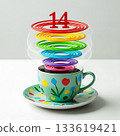 Coffee cup with rainbow rings and number 14 saucer drink beverage hot drink 133619421