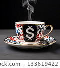 Hot steaming coffee cup with dollar sign and floral pattern saucer spoon image 133619422