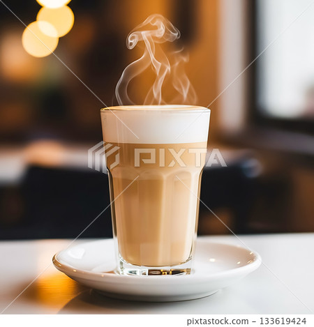 Steaming latte with foamy milk in a tall glass on a saucer coffee hot drink Steaming latte with foamy milk in a tall glass on a saucer coffee hot drink 133619424