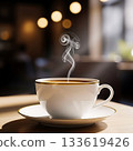 White coffee cup with gold rim steaming on wooden table with blurred background white cup hot drink 133619426