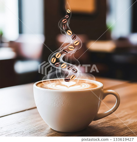 White coffee cup with latte art and rising coffee beans in steam image White coffee cup with latte art and rising coffee beans in steam image 133619427