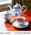 White porcelain tea set blue floral pattern tea cup teapot creamer image 133619428
