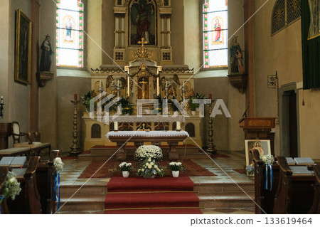 Catholic Church Interior with Golden Details. 133619464