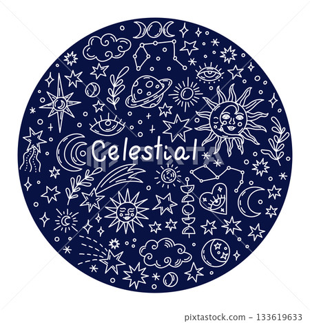 Celestial round doodle circle with stars and cosmic symbols Celestial round doodle circle with stars and cosmic symbols 133619633
