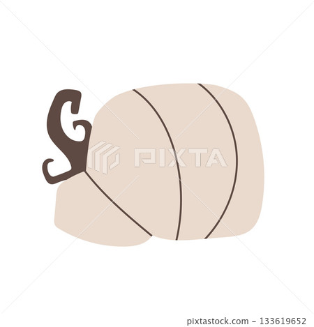 Gentle beige pumpkin with swirling dark stem. Hand drawn in clean minimal style. Modern fall vector illustration perfect for decor, branding, sticker, packaging and seasonal digital design. Gentle beige pumpkin with swirling dark stem. Hand drawn in clean minimal style. Modern fall vector illustration perfect for decor, branding, sticker, packaging and seasonal digital design. 133619652