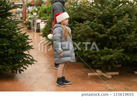 Father and daughter choose a Christmas tree at a forestry. Father and daughter choose a Christmas tree at a forestry. 133619693
