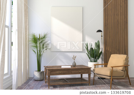 A White A4 Frame Mockup on Light Interior Wall. 3D render. A White A4 Frame Mockup on Light Interior Wall. 3D render. 133619708