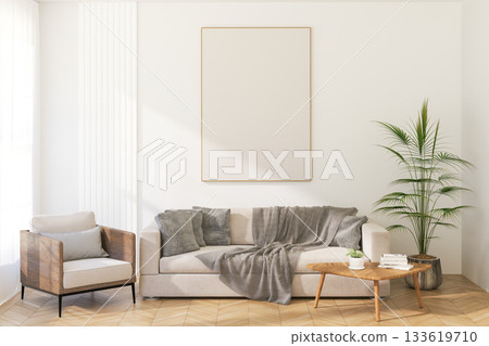 3D Render of White A4 Frame Mockup on Light Interior Wall 3D Render of White A4 Frame Mockup on Light Interior Wall 133619710
