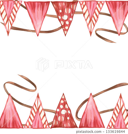Watercolor frame of colored flags and garlands, ribbons. All objects are hand-painted in watercolor. Illustration is perfect for designing postcards, invitations, for Thanksgiving. Watercolor frame of colored flags and garlands, ribbons. All objects are hand-painted in watercolor. Illustration is perfect for designing postcards, invitations, for Thanksgiving. 133619844