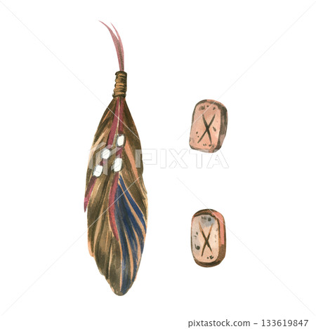 A set of watercolor illustrations, beads and feathers, jewelry of the Indians of America. All objects are hand-painted in watercolor. For store design, product packaging, and publication in magazines. A set of watercolor illustrations, beads and feathers, jewelry of the Indians of America. All objects are hand-painted in watercolor. For store design, product packaging, and publication in magazines. 133619847