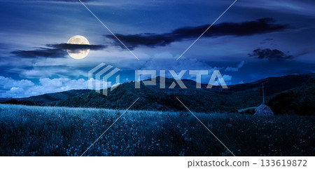 mountain landscape with haystack on the field at night. beautiful countryside scenery of Carpathians in summer under the sky with clouds in full moon light. finance investment or abstract concepts mountain landscape with haystack on the field at night. beautiful countryside scenery of Carpathians in summer under the sky with clouds in full moon light. finance investment or abstract concepts 133619872