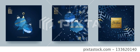 A set of Christmas and New Year cards. Illustrations for backgrounds, greeting cards, party invitations, banners, and social media. Brushstrokes, Christmas tree baubles, trees, and gradients. 133620140