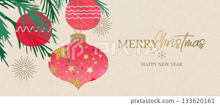Christmas banner, card, poster, cover, and background. Modern, vibrant Christmas design with textured Christmas ornaments for seasonal greetings and prints 133620161