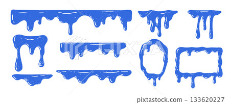 Set of blue dripping frames with liquid paint shapes. Melted borders, splash elements and fluid doodle outlines for creative design, stickers, bold graphic accents and abstract decorative compositions 133620227