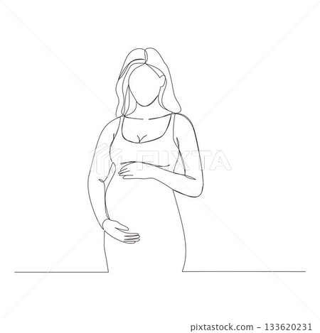 A continuous one-line illustration of a pregnant woman standing elegantly and gently holding her baby bump A continuous one-line illustration of a pregnant woman standing elegantly and gently holding her baby bump 133620231