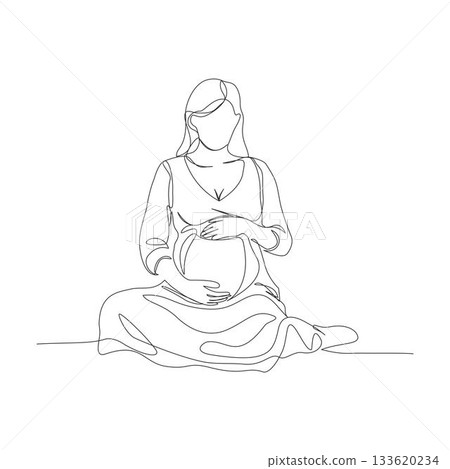 A continuous one-line illustration of a pregnant woman sitting down and gently holding her baby bump.  133620234