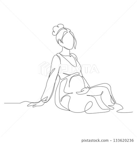 A continuous one-line illustration of a pregnant woman sitting peacefully on the floor, holding her baby bump. A continuous one-line illustration of a pregnant woman sitting peacefully on the floor, holding her baby bump. 133620236