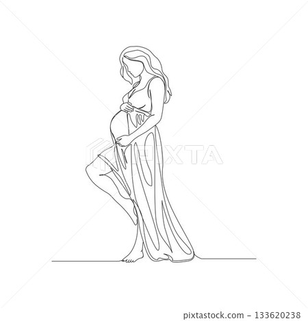 A continuous one-line illustration of a pregnant woman standing elegantly, holding her baby bump 133620238