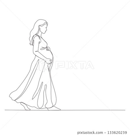 A continuous one-line illustration of a pregnant woman walking, holding her belly A continuous one-line illustration of a pregnant woman walking, holding her belly 133620239
