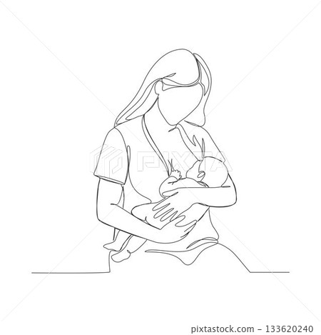 A continuous one-line illustration of a mother figure holding and breastfeeding her newborn baby A continuous one-line illustration of a mother figure holding and breastfeeding her newborn baby 133620240