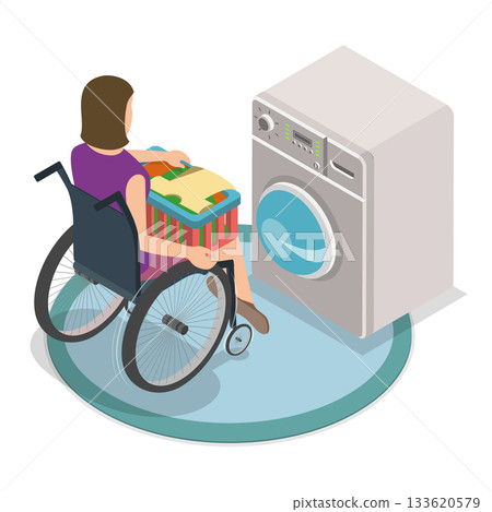 3D Isometric Flat Vector Illustration of Disabled Character and Household Chores, Home Tasks Completion. Item 1 133620579