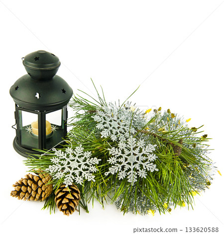 Christmas Lantern and Pine Arrangement on White Christmas Lantern and Pine Arrangement on White 133620588