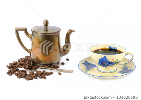 Antique Silver Coffee Pot with Floral Cup and Beans 133620590
