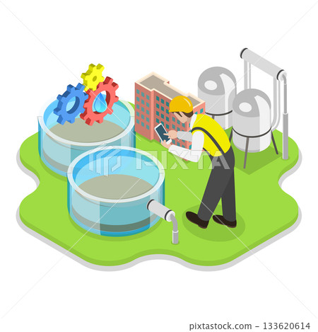 3D Isometric Flat Vector Illustration of Water Treatment , Discharge of Liquid Chemical Waste. Item 1 133620614