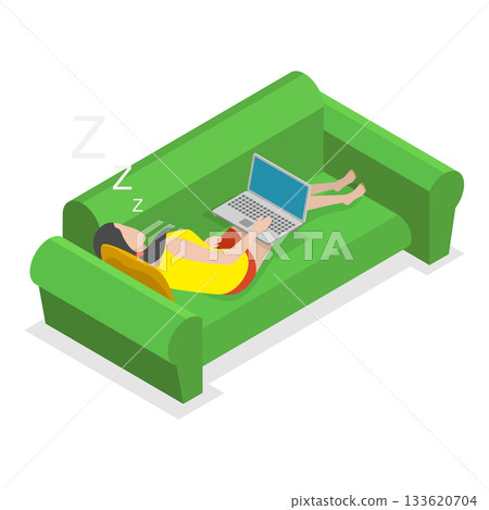 3D Isometric Flat Vector Illustration of Exhausted and Sleepy People, Fatigue and Drowsiness. Item 4 133620704