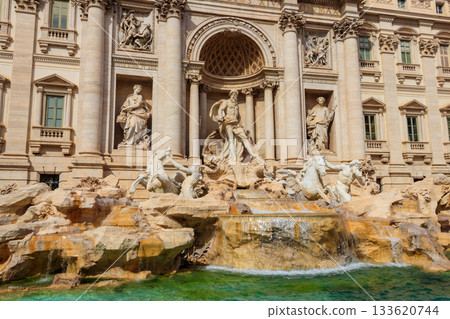 Trevi fountain in the center in Rome, Italy. Trevi is most famous fountain of Rome Trevi fountain in the center in Rome, Italy. Trevi is most famous fountain of Rome 133620744