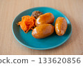 Close-up of a plate with sausage and carrot rapée 133620856