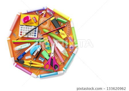 School supplies octagon shape back to school concept on white School supplies octagon shape back to school concept on white 133620962