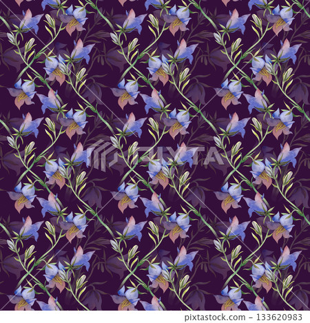 Beautiful seamless pattern with blue wildflowers. Watercolor botanical illustration with bluebells on a dark background. Seamless floral background for wallpaper, textiles and tableware. Beautiful seamless pattern with blue wildflowers. Watercolor botanical illustration with bluebells on a dark background. Seamless floral background for wallpaper, textiles and tableware. 133620983