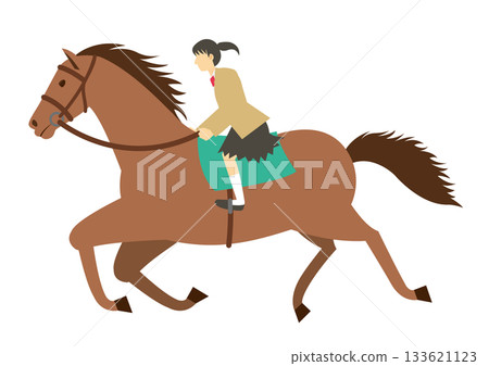 A female student wearing a blazer riding a brown horse A female student wearing a blazer riding a brown horse 133621123