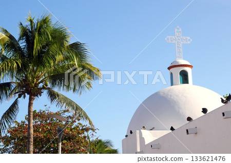 Playa del Carmen white Mexican church archs belfry Playa del Carmen white Mexican church archs belfry 133621476