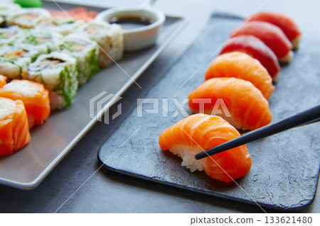 Sushi Maki and Niguiri soy sauce and wasabi Sushi Maki and Niguiri soy sauce and wasabi 133621480