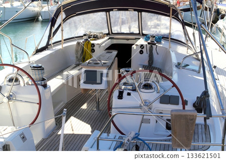 double wheel sailboat stern deck area moored 133621501