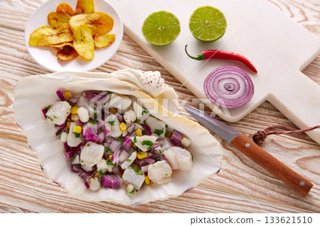 Ceviche peruvian recipe with fried banana Ceviche peruvian recipe with fried banana 133621510