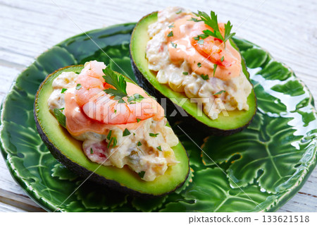 Seafood filled avocado with shrimps tapas pinchos 133621518