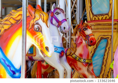 horses in merry go round fairground horses in merry go round fairground 133621646