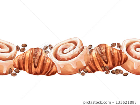Seamless illustration of a horizontal border with hand-drawn croissants, cinnabon rolls, and scattered coffee beans. Seamless illustration of a horizontal border with hand-drawn croissants, cinnabon rolls, and scattered coffee beans. 133621895